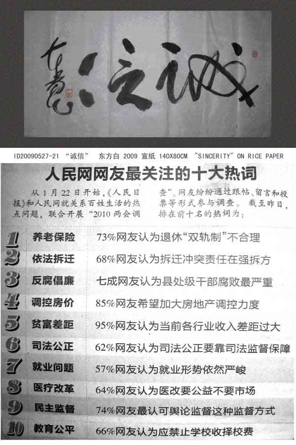 老百姓最关心什么?两会14个热点和东方白大草书法诚信